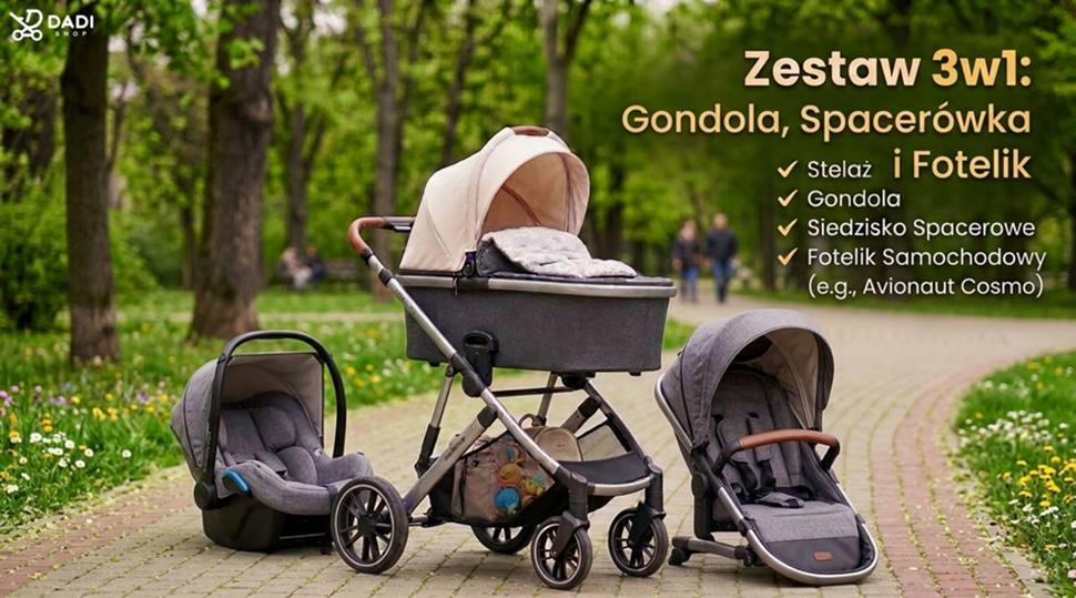 Co wchodzi w skład wózka 3w1 Pełny zestaw wózka 3w1 – wszystko w jednym: gondola, spacerówka i fotelik z adapterami